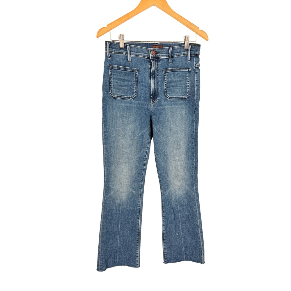 Mother The Hustler Ankle Fray Jeans Womens 28 Blue High Rise Patch Pocket Flare
